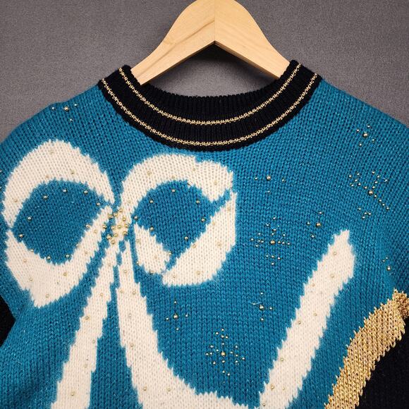 Vintage Womens Sweater Large Dana Scott Black Teal Holiday Embellished Tunic 90s - Picture 8 of 15